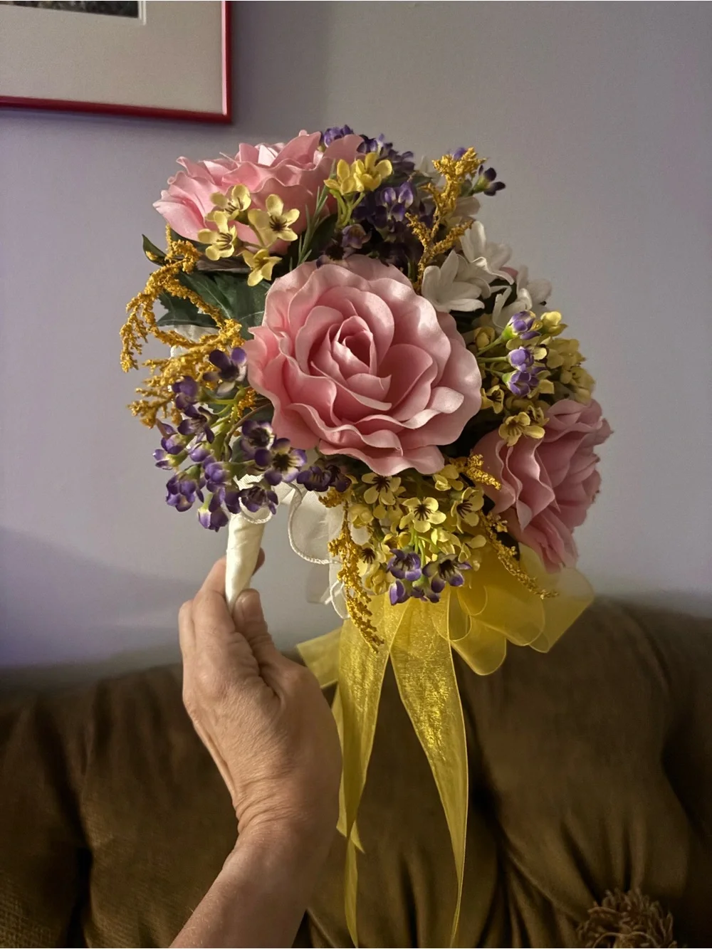 Soft Pink Rose Faux Bouquet with Yellow & Purple Accents -